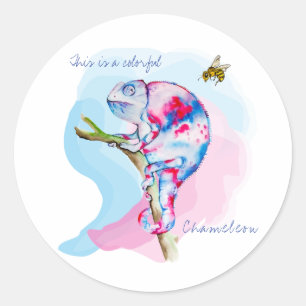 Bright colourful watercolor chameleon and bee. classic round sticker