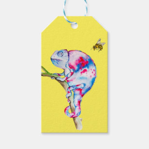 Bright colourful watercolor chameleon and bee gift tags