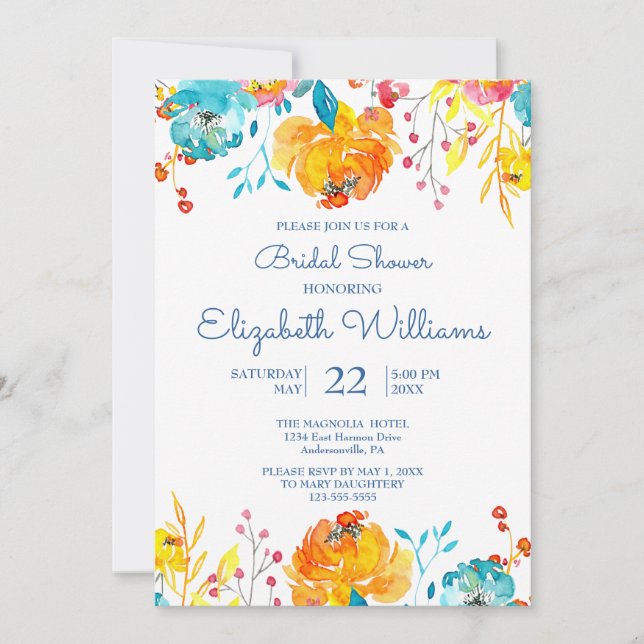 Bright Colourful Watercolor Floral Bridal Shower Invitation (Front)