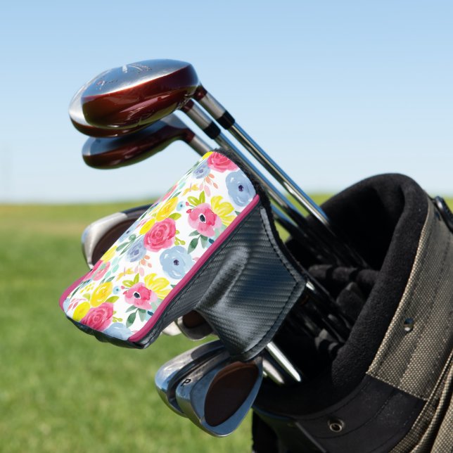 Bright Colourful Watercolor Floral Pattern Golf Head Cover (In Situ)
