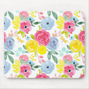 Bright Colourful Watercolor Floral Pattern Mouse Pad