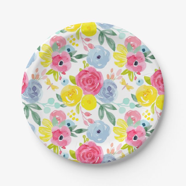 Bright Colourful Watercolor Floral Pattern Paper Plate (Front)