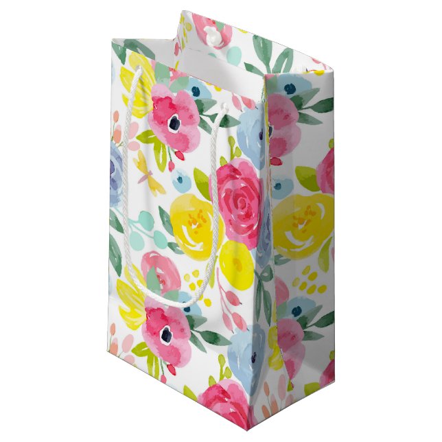 Bright Colourful Watercolor Floral Pattern Small Gift Bag (Front Angled)