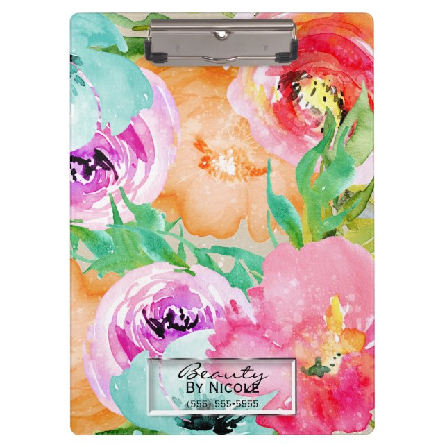 Bright Colourful Watercolor Floral Personalised Clipboard (Front)