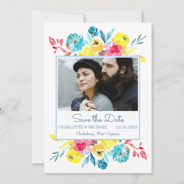 Bright Colourful Watercolor Floral Save The Date (Front)