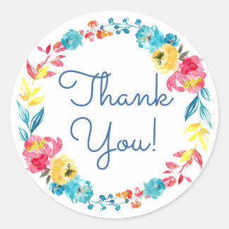 Bright Colourful Watercolor Floral Thank You Classic Round Sticker