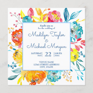 Bright Colourful Watercolor Floral Wedding Invitation