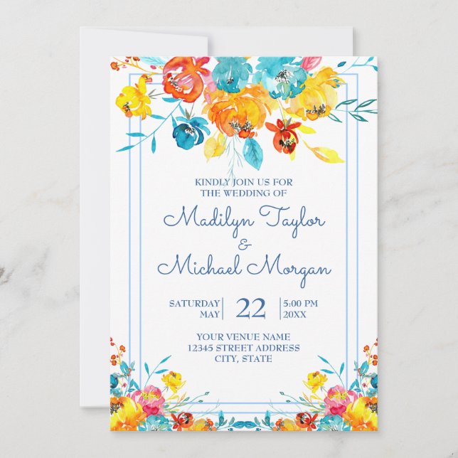 Bright Colourful Watercolor Floral Wedding Invitation (Front)