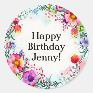 Bright Colourful Watercolor Flower Birthday Classic Round Sticker