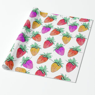 Bright Colourful Watercolor Fruity Strawberries Wrapping Paper