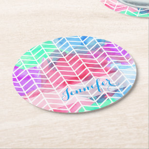 Bright Colourful Watercolor Split Chevron Monogram Round Paper Coaster