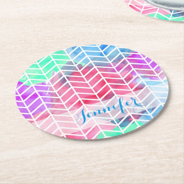 Bright Colourful Watercolor Split Chevron Monogram Round Paper Coaster (Angled)