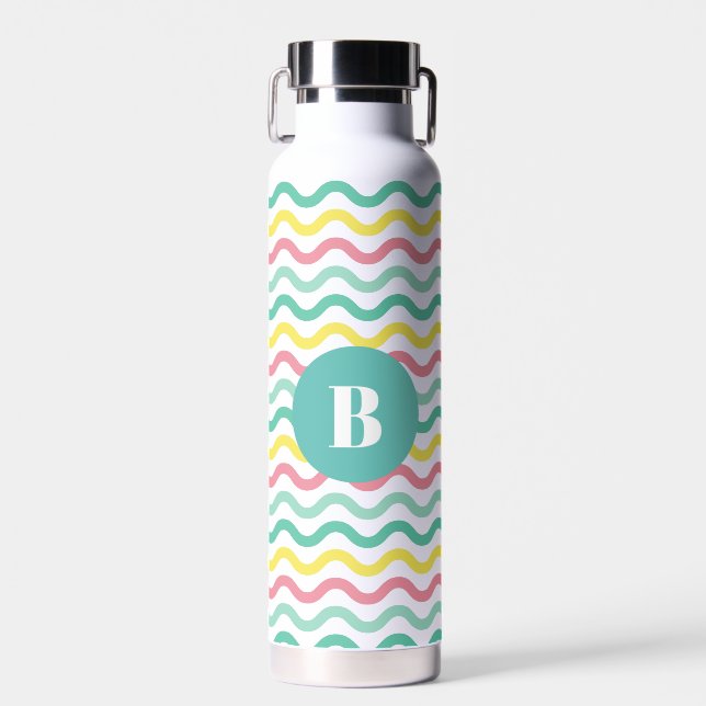 Bright Colourful Wavy Pattern Monogrammed Water Bottle (Front)