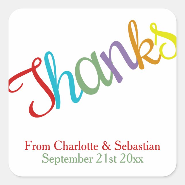 Bright Colourful Wedding Personalised Thanks Square Sticker (Front)