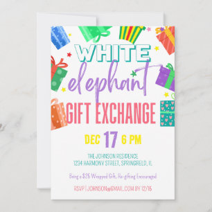 Bright Colourful White Elephant Gift Exchange Part Invitation