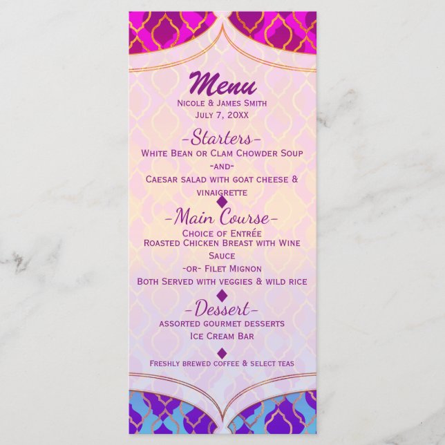 Bright Colours Arabian Moroccan Glam Party Menu (Front)