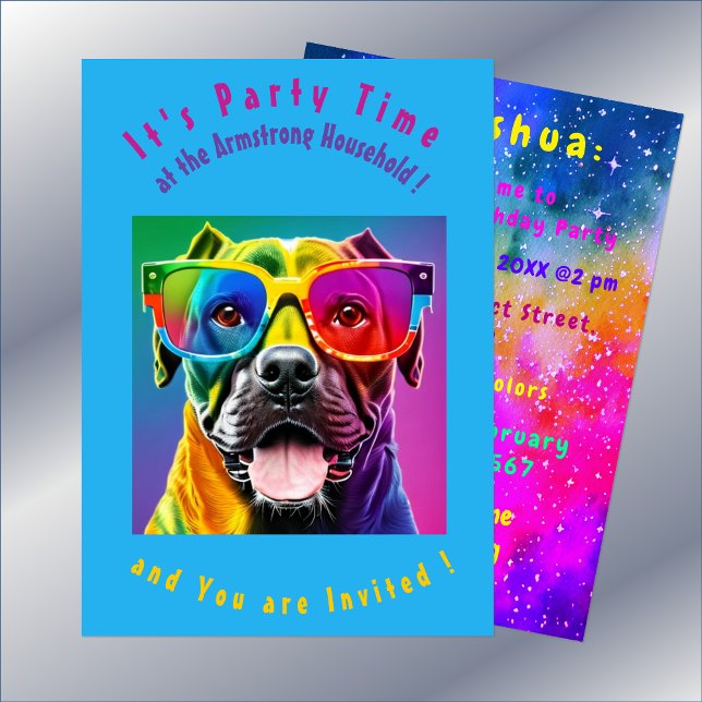 Bright Colours Dog Eyeglasses Party Invitation (front and reverse of invitation)