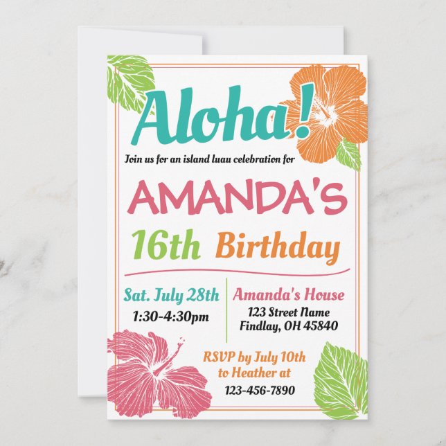 Bright Colours Island Luau Birthday Party Invitation (Front)