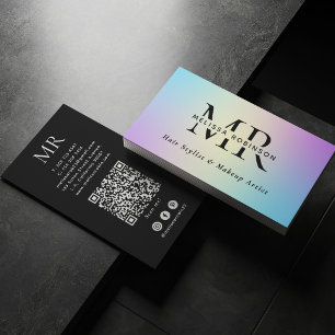Bright Colours Ombre Gradient Monogram & QR Code Business Card