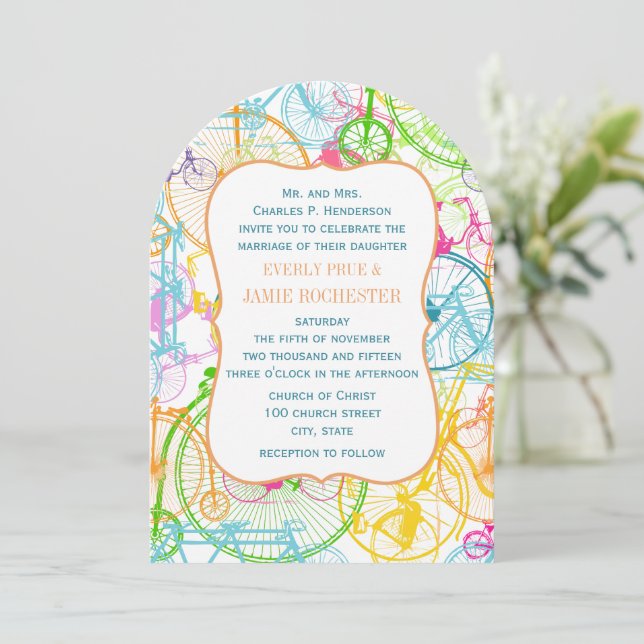 Bright Colours Stylised Vintage Bicycle Wedding Invitation (Standing Front)