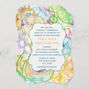 Bright Colours Stylised Vintage Bicycle Wedding Invitation