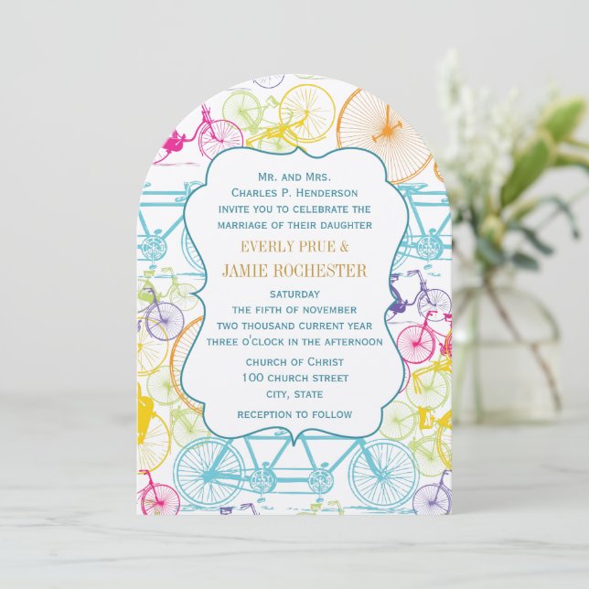 Bright Colours Stylised Vintage Bicycle Wedding Invitation (Standing Front)