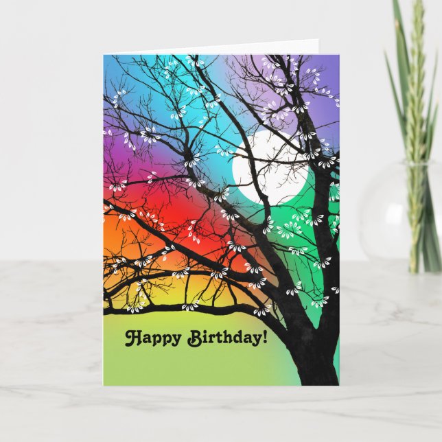 Bright Colours Tree and Moon Birthday Card (Front)