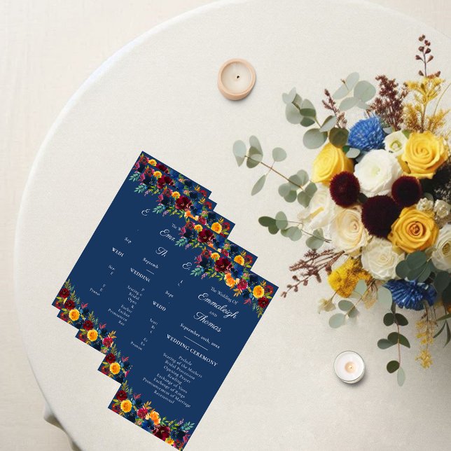 Bright Colours Watercolor Navy Blue Floral Wedding Programme (Creator Uploaded)