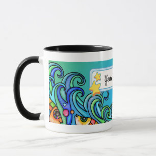 Bright Colours, Waves - Fish Doodles, Personalise  Mug