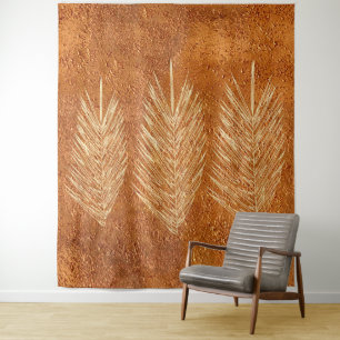 Bright Copper Look Palm Leaves Drawing Tapestry
