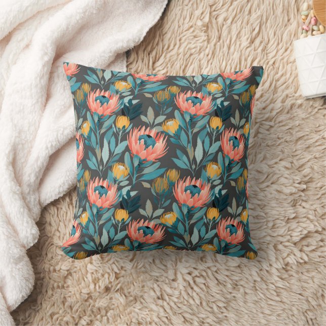 Bright Coral and Teal Protea Florals Cushion (Blanket)