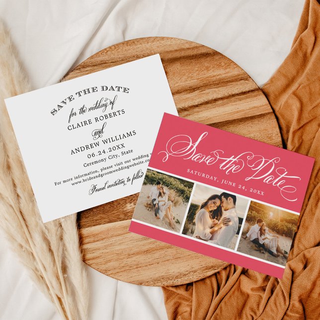 Bright Coral Calligraphy Three Photo Wedding Save The Date (Creator Uploaded)