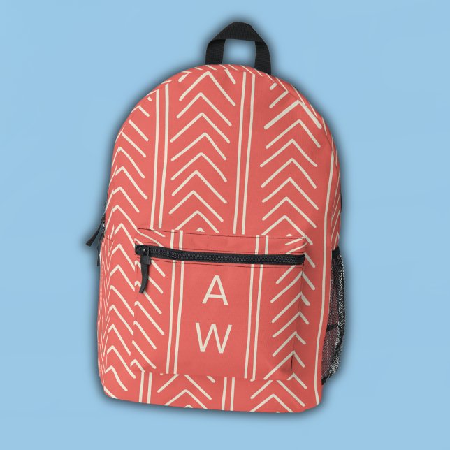 Bright Coral Geometric Arrows Monogram Initials Printed Backpack (Creator Uploaded)