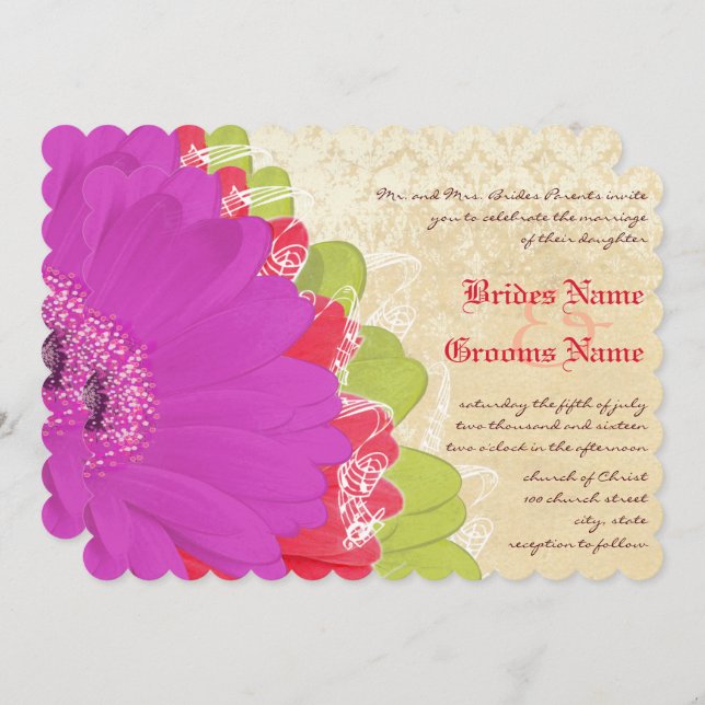 Bright Coral Lime Purple Gerber Wedding Invite (Front/Back)