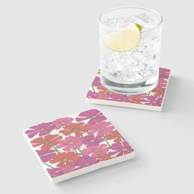 Bright Cosmos Floral Print  Stone Coaster (Side)