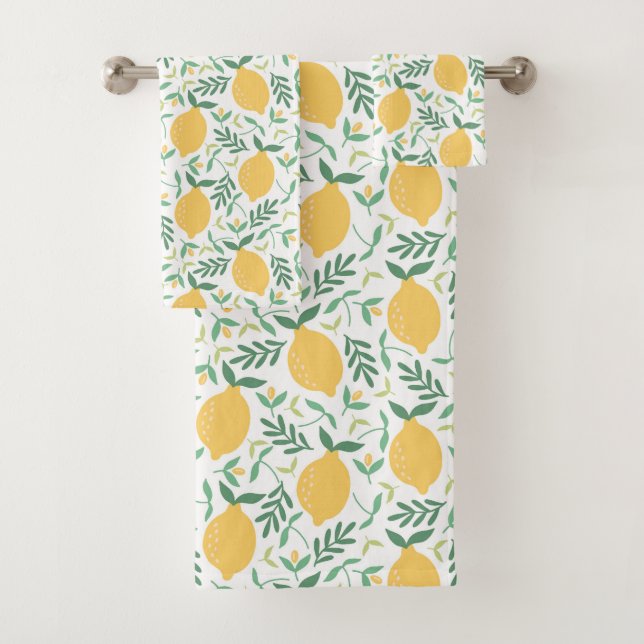 Bright Country Farm Yellow & Green Lemon Pattern Bath Towel Set (Insitu)