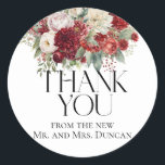 Bright Crimson Red Burgundy Flowers Thank You Classic Round Sticker<br><div class="desc">Elegant watercolor lush floral design in red,  burgundy,  cream,  blush,  and green colours,  with dahlias,  roses,  chrysanthemums,  and other flowers,  with modern and elegant serif fonts.</div>