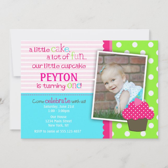 Bright Cupcake 1st Birthday Party Invitation (Front)