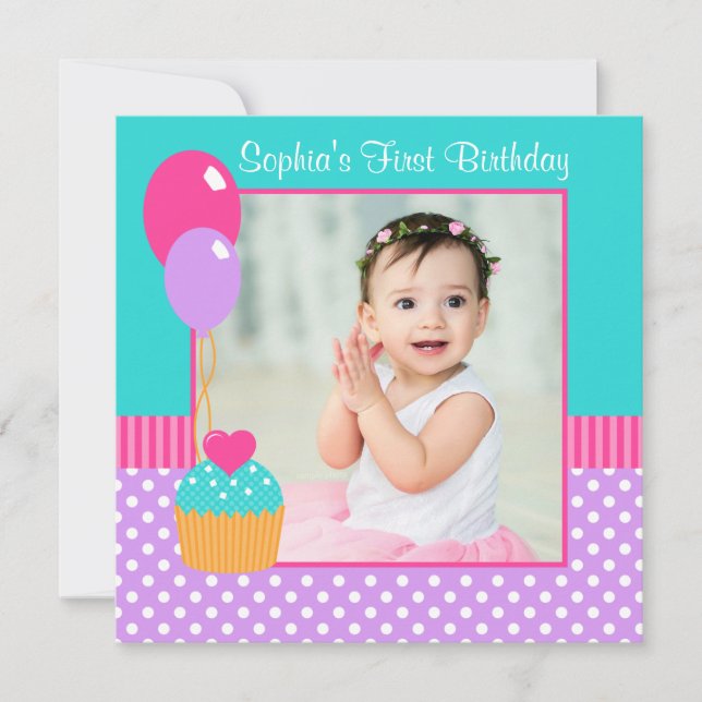 Bright Cupcake Polka Dot Girl 1st Birthday Photo Invitation (Front)