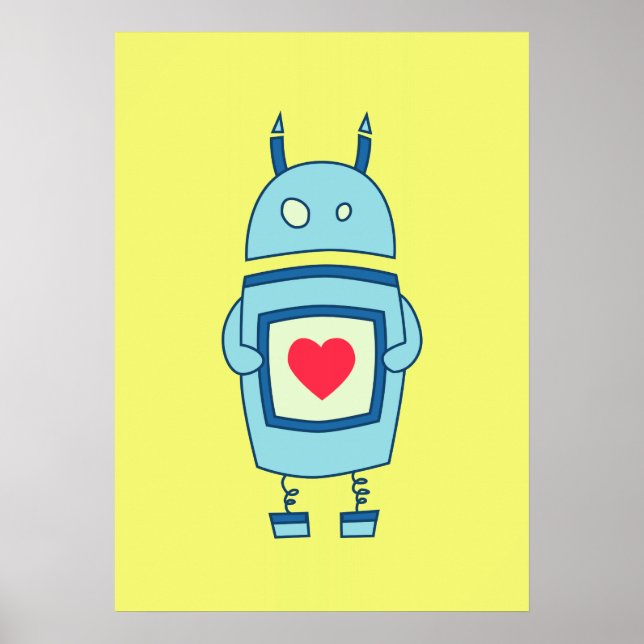 Bright Cute Clumsy Robot With Heart Poster (Front)