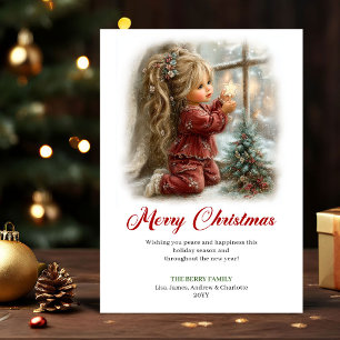 Bright Cute Little Girl Christmas Scene Holiday Card