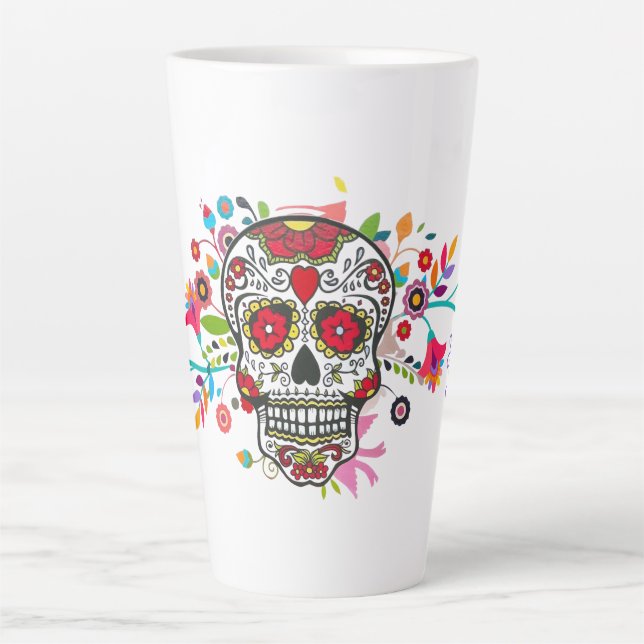 Bright Day of the Dead Catrina Skull with Flowers Latte Mug (Front)