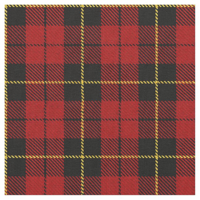 Bright deep cherry Red plaid yellow & black stripe Fabric (Close Up)