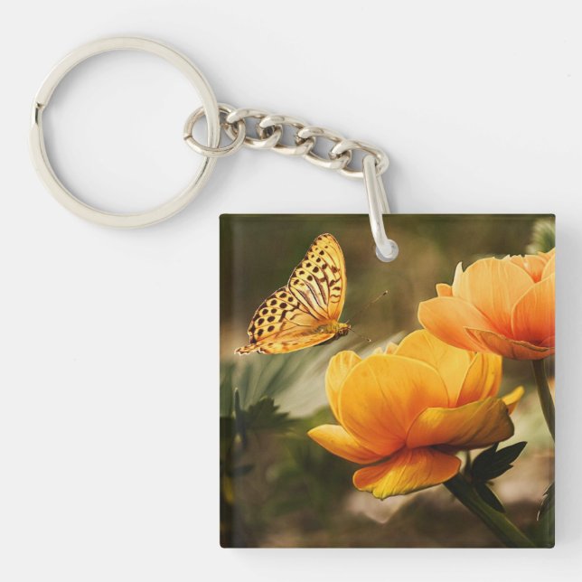 Bright Deep Yellow Flowers with Butterfly Key Ring (Front)