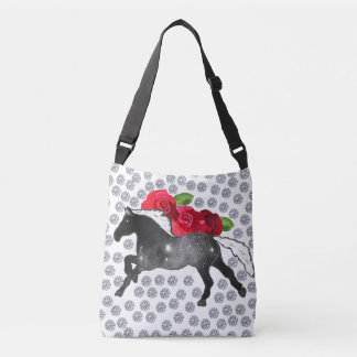 BRIGHT DIAMONDS RED ROSES UNIVERSE HORSE DESIGNER CROSSBODY BAG