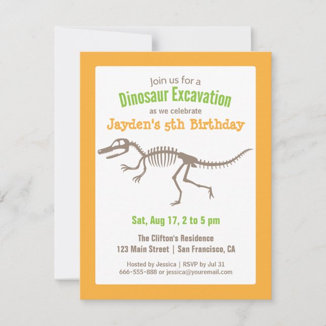 Bright Dinosaur and Bones Kids Birthday Party Invitation (Front)