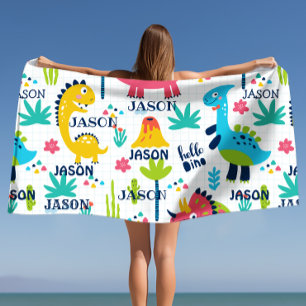 Bright Dinosaur Pattern with Custom Name Bath Towel
