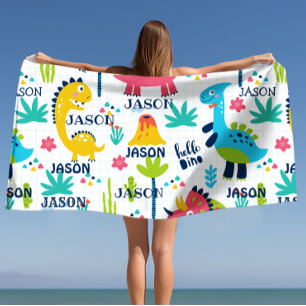 Bright Dinosaur Pattern with Custom Name  Beach Towel