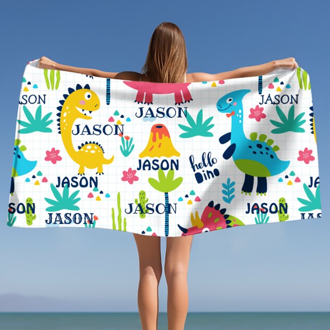 Bright Dinosaur Pattern with Custom Name  Beach Towel (Bright Dinosaur Pattern with Custom Name Beach Towel)