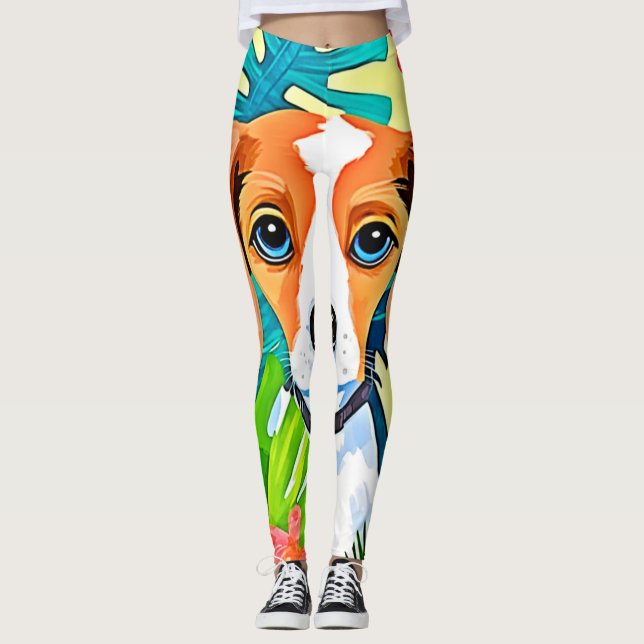 Bright Dog with Flowers Leggings (Front)
